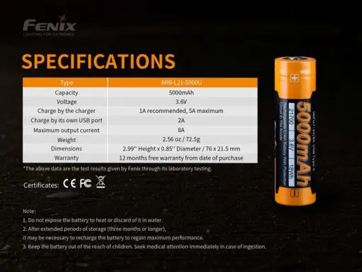 KT Services - Fenix - Battery 21700 5000mAh Type-C USB Rechargeable